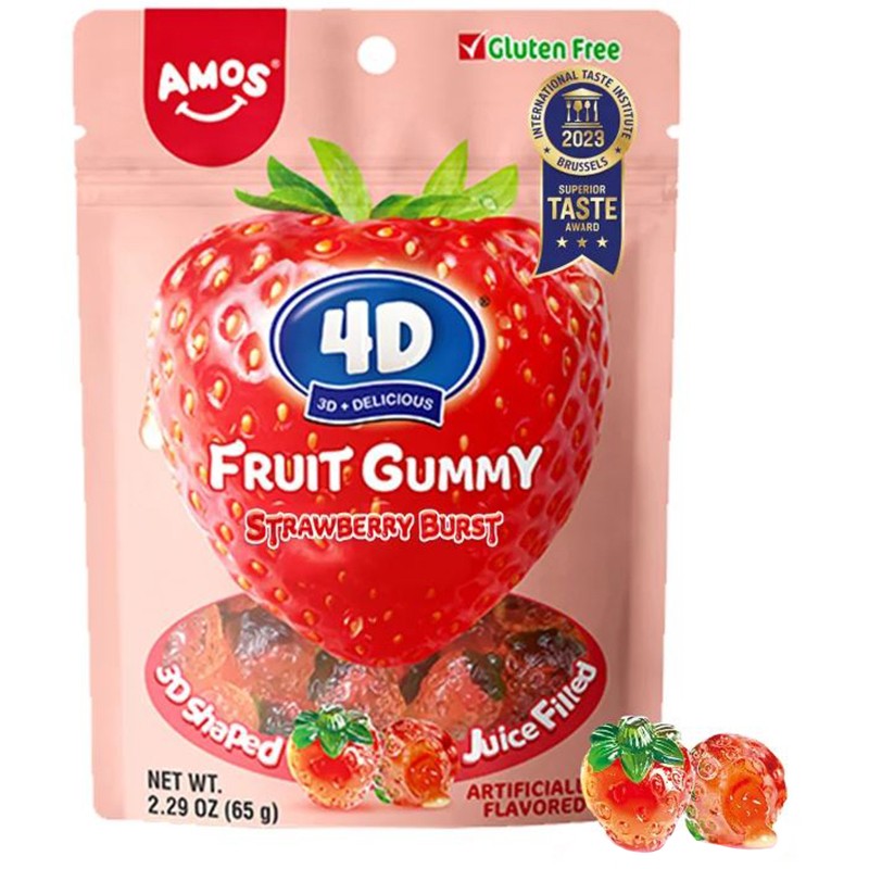 Желирани Дъвчащи Бонбони Amos 4D Fruit Gummy Ягода без Глутен