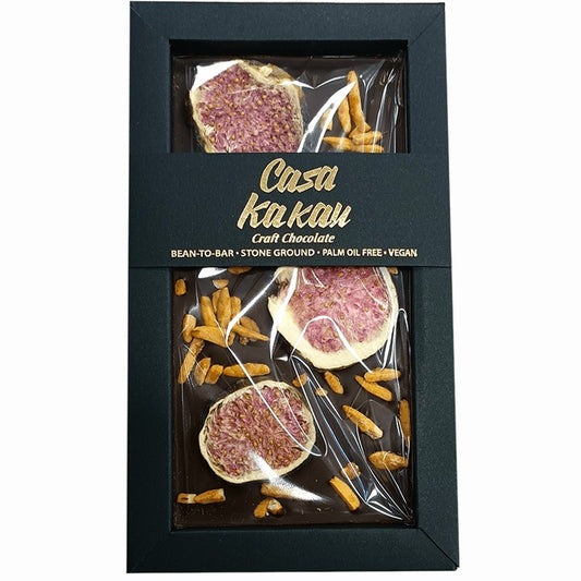 Български продуктШоколад с Какаови Зърна със Смокини и Карамелизирани Бадеми от Занаятчийска Работилница Casa Kakau Веган