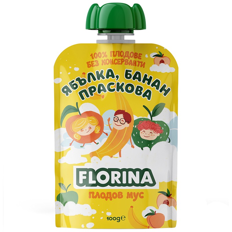 Плодов Мус Florina Ябълка, Банан и Праскова Пауч