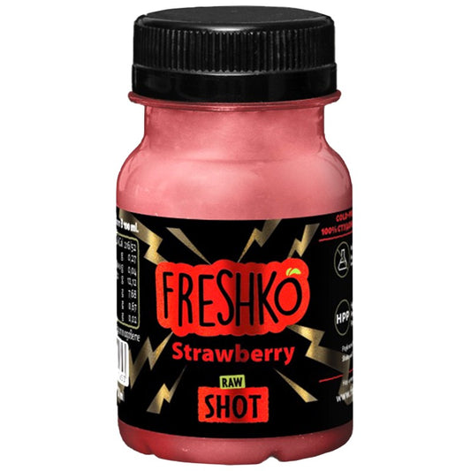 Български продуктШот Freshko Strawberry Ябълка, Ягода, Джинджифил, Агаве, Лимон, Цвекло и Ванилия
